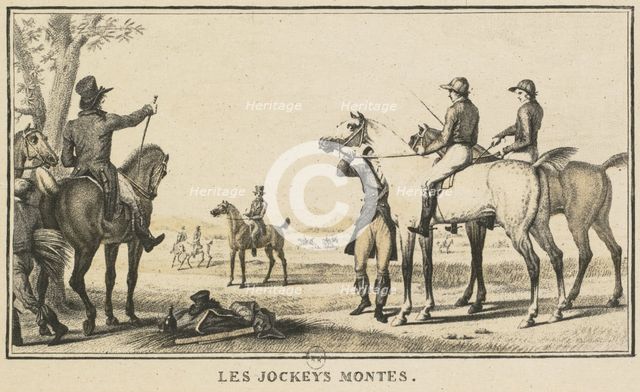 Racing Scenes: The Jockey Mounting the Horse (Scènes Hippiques: Le jockey montant a cheval). Creator: Carle Vernet (French, 1758-1836); Jazet and Aumont.