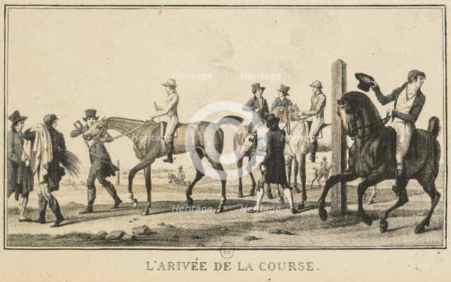 Racing Scenes: A Horse Arriving at the Race (Scènes Hippiques: Cheval arrivant de la chasse). Creator: Carle Vernet (French, 1758-1836); Jazet and Aumont.