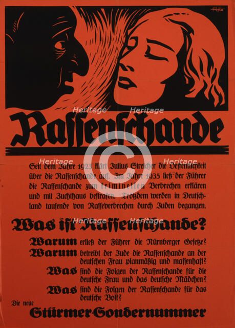 Racial disgrace. Poster for a special edition of “Sturmer”, c.1935. Creator: Unknown artist.