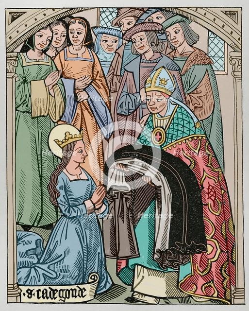 Radegund receiving the habit and being consecrated a deaconess by Medard (456-545)…1513 (1877). Creator: Unknown.