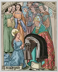 Radegund receiving the habit and being consecrated a deaconess by Medard (456-545)…1513 (1877). Creator: Unknown
