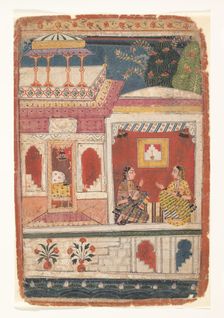 Radha and Her Confidant Sit in an Open Room: Page from a Dispersed Rasikapriya , ca. 1680-90. Creator: Unknown