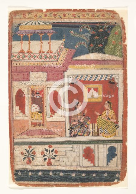 Radha and Her Confidant Sit in an Open Room: Page from a Dispersed Rasikapriya , ca. 1680-90. Creator: Unknown.