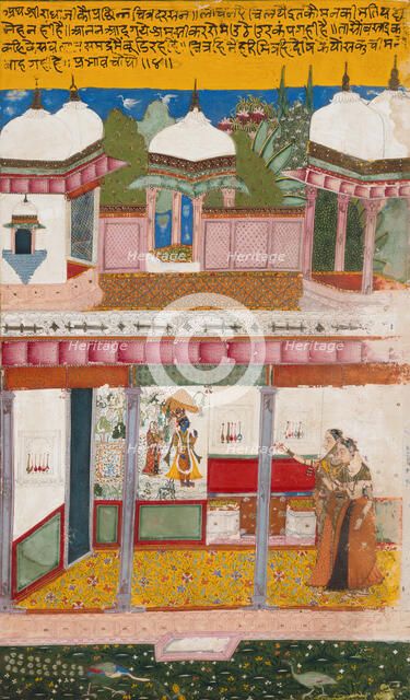 Radha and her Confidante Admiring Krishna Depicted in a Mural (Chitra Darshana), c1675. Creator: Unknown.