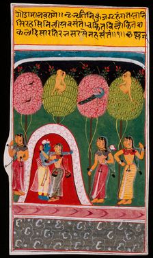 Radha and Krishna Embracing in a Bower, Folio from a Gita Govinda..., c1605 or later. Creator: Unknown