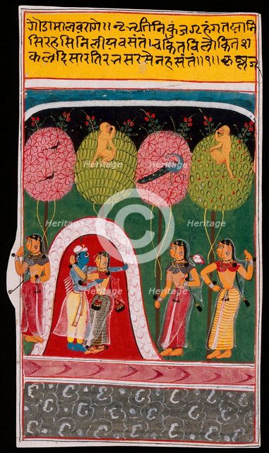 Radha and Krishna Embracing in a Bower, Folio from a Gita Govinda..., c1605 or later. Creator: Unknown.