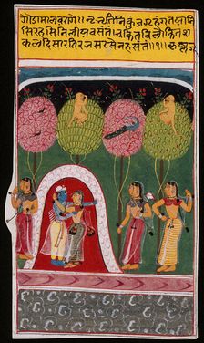 Radha and Krishna Embracing in a Bower, Folio from a Gita Govinda..., c1605 or later. Creator: Unknown