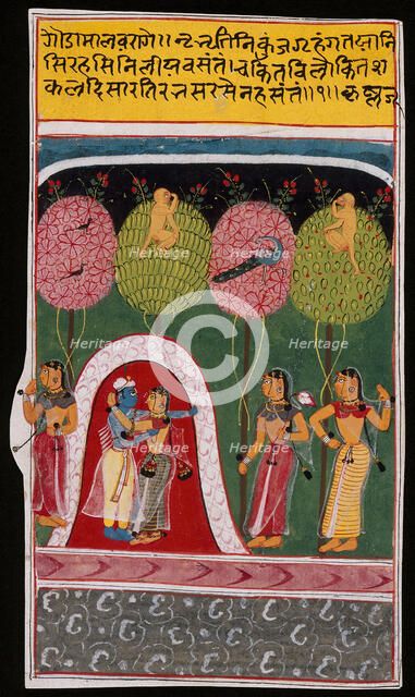 Radha and Krishna Embracing in a Bower, Folio from a Gita Govinda..., c1605 or later. Creator: Unknown.