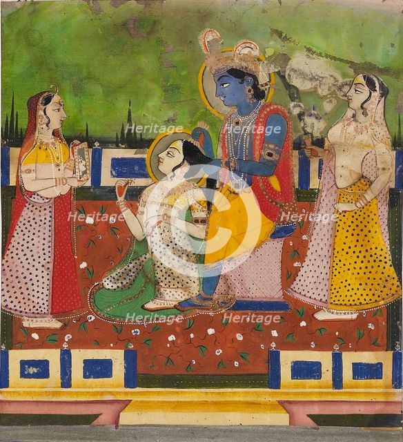 Radha and Krishna on a terrace, 19th century. Artist: Unknown.