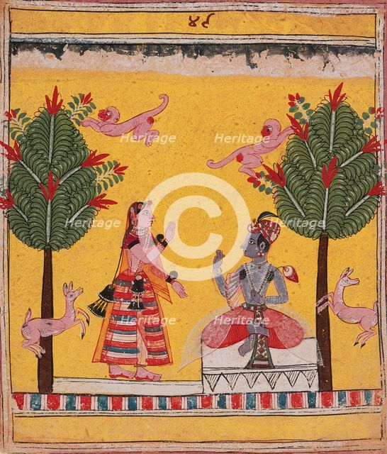 Radha's Confidante Meets with Krishna (Arudhayauvana Madhya)..., c1635. Creator: Unknown.