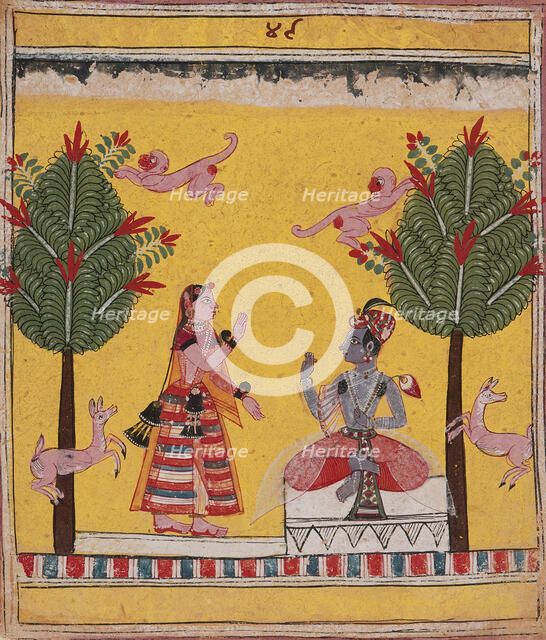 Radha's Confidante Meets with Krishna (Arudhayauvana Madhya)..., c1635. Creator: Unknown.
