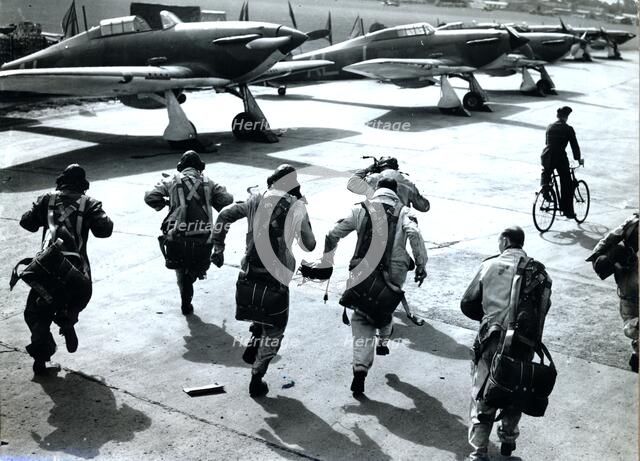 RAF pilots running to their planes, Battle of Britain, World War II, 1940. Artist: Unknown