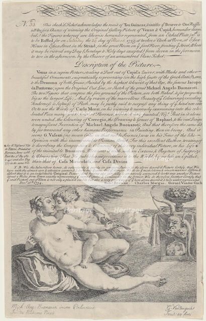 Raffle Ticket for the Painting of Venus and Cupid after Michelangelo, 1734. Creator: Gerard Vandergucht.