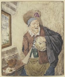 Ragged peasant by a window, holding a jug, 17th century. Creator: Cornelis Dusart