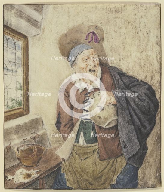 Ragged peasant by a window, holding a jug, 17th century. Creator: Cornelis Dusart.