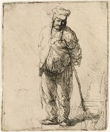 Ragged Peasant with his Hands behind Him, holding a Stick, c.1630. Creator: Rembrandt Harmensz van Rijn