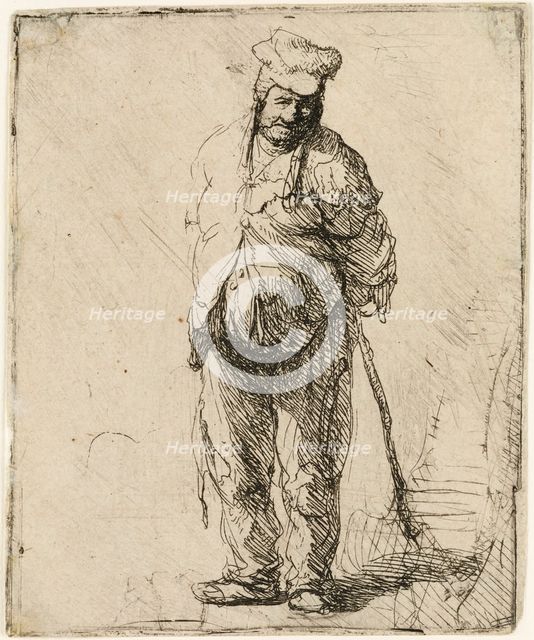 Ragged Peasant with his Hands behind Him, holding a Stick, c.1630. Creator: Rembrandt Harmensz van Rijn.