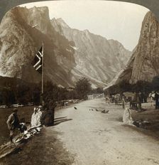 Ragged range of the Troldtinder or Witch Pinnacles from valley road, Horgheim, Norway c1905. Creator: Unknown