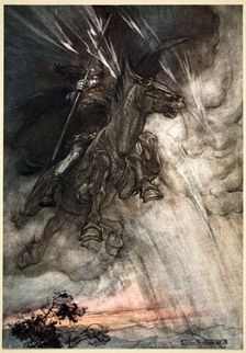 Raging, Wotan Rides to the Rock! Like a Storm-wind he comes! 1910. Creator: Arthur Rackham
