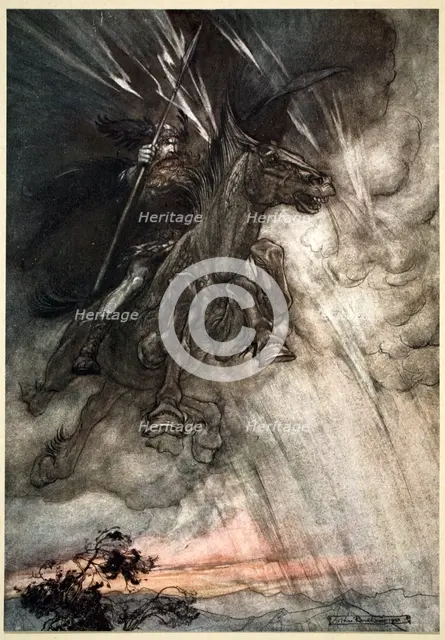 'Raging, Wotan Rides to the Rock! Like a Storm-wind he comes!', 1910.  Creator: Arthur Rackham.
