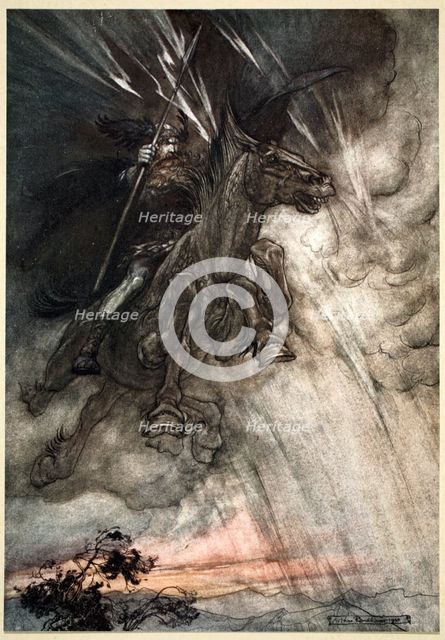 'Raging, Wotan Rides to the Rock! Like a Storm-wind he comes!', 1910.  Creator: Arthur Rackham.