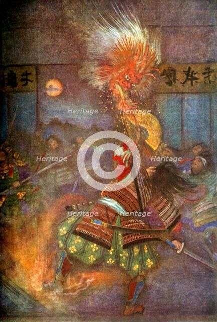 'Raiko slays the Goblin of Oyeyama', 1912. Creator: Evelyn Paul.