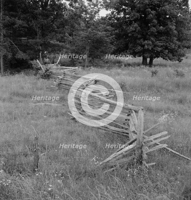 Rail fence with poor barbed wire fence in foreground, Person County, North Carolina, 1939. Creator: Dorothea Lange.
