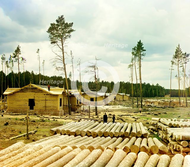 Railroad construction on the Shadrinsk-Sinara railroad near the city of Shadrinsk, 1912. Creator: Sergey Mikhaylovich Prokudin-Gorsky.
