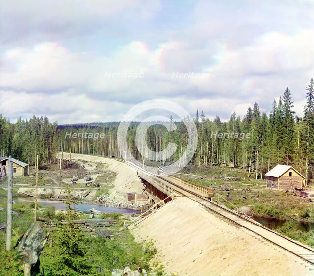 Railroad bridge across Kumsa River near the Medvezhya Gora Station, 1915. Creator: Sergey Mikhaylovich Prokudin-Gorsky.