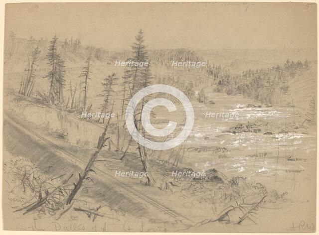 Railroad on the Dalles of the St. Louis, 1882. Creator: Alfred Waud.