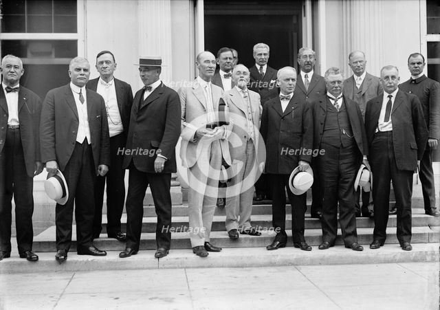 Railroad Men at White House - Heads: W.G. Lee, Pres., Board of Railway Trainmen; Warre..., 1913. Creator: Harris & Ewing.
