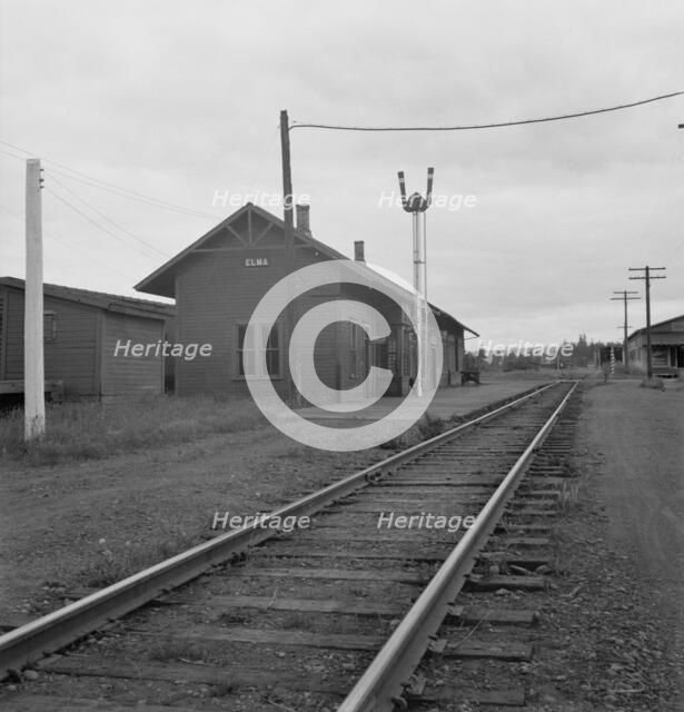 Railroad station of western Washington town, Elma, Grays Harbor County, Western Washington, 1939. Creator: Dorothea Lange.