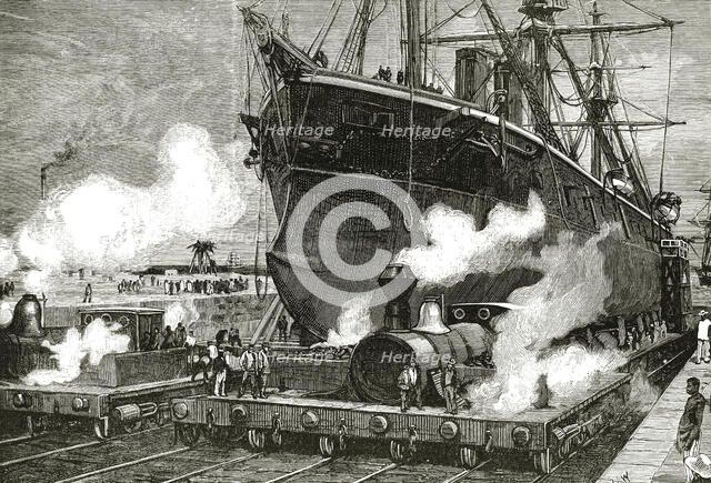 Railway towing a boat across the Isthmus of Panama, engraving 1881.