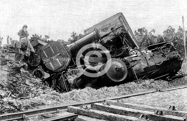 Railway accident in Saint-Brieuc. The two locomotives and tender, in July 1895, engraving of the …
