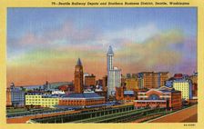 Railway depots and southern business district, Seattle, Washington, USA, 1936