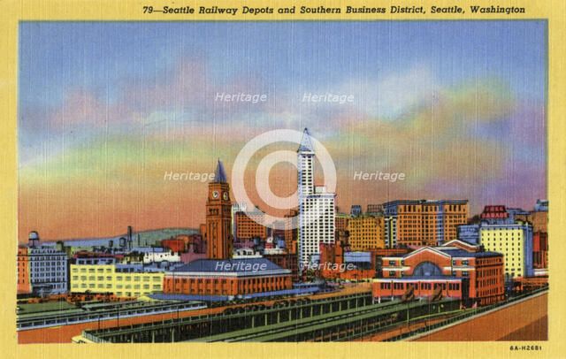 Railway depots and southern business district, Seattle, Washington, USA, 1936. Artist: Unknown