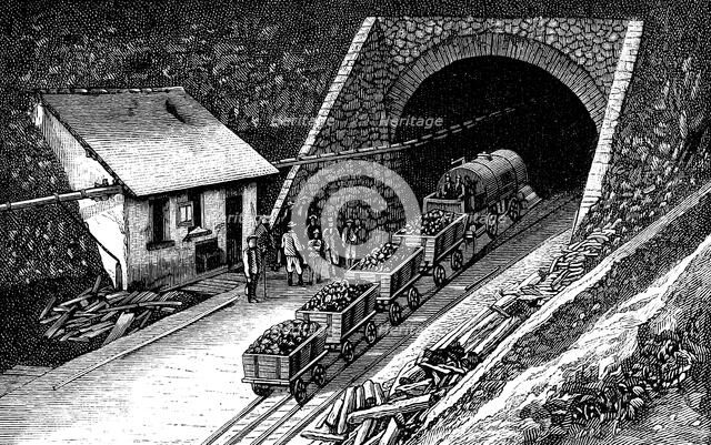 Railway entering the Saint - Gothard tunnel, in the Swiss Alps, engraving 1877.