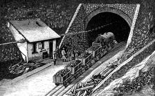 Railway entering the Saint - Gothard tunnel, in the Swiss Alps, engraving 1877