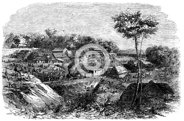Railway in Panama, Culebra Station, March 1855, vintage engraving.