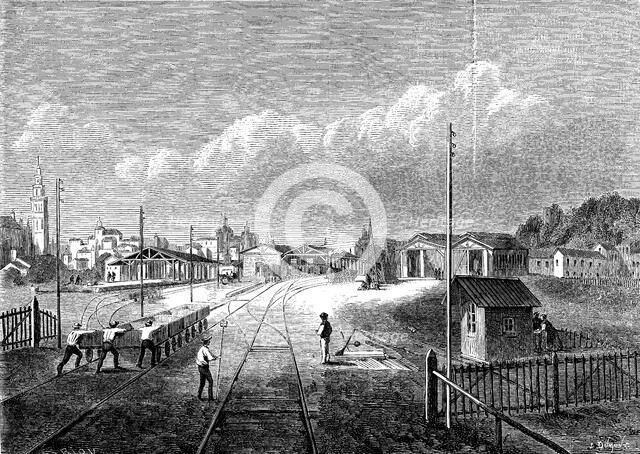 Railway line from Seville to Cadiz, works in the Seville station by the architect of the company …