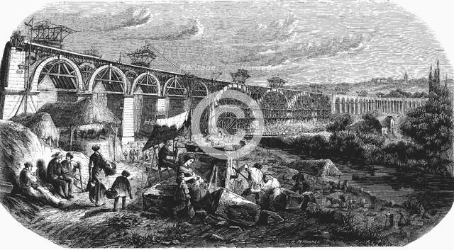 Railway line from Paris to Mulhouse, construction of the Nogent viaduct over the Marne river in M…