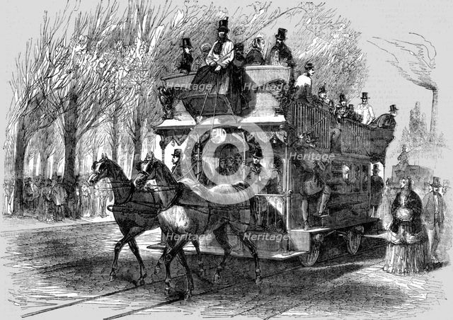 'Railway Omnibus on the Cours la Reine, Paris; Railways upon ordinary roads', 1854. Creator: Unknown.