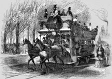 Railway Omnibus on the Cours la Reine, Paris; Railways upon ordinary roads 1854. Creator: Unknown