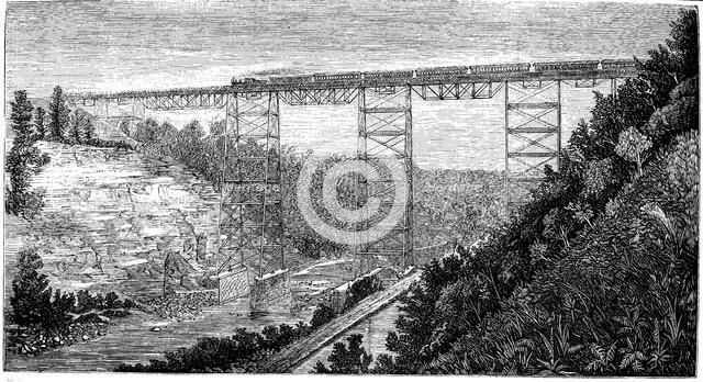 Railway passing over the viaduct built over the Genesee River, engraving, 1877.