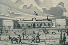 Railway station in Barcelona in 1848, pioneer in the peninsula, engraving from the time