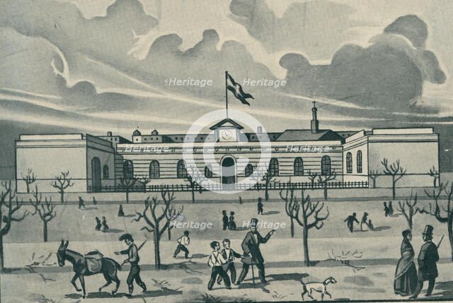 Railway station in Barcelona in 1848, pioneer in the peninsula, engraving from the time.