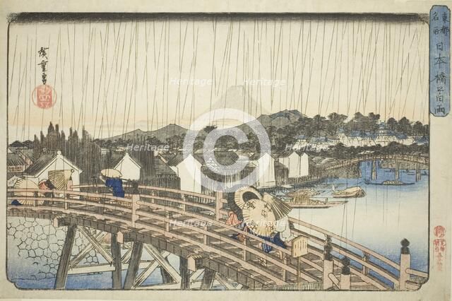 Rain at Nihonbashi Bridge (Nihonbashi no hakuu), from the series "Famous Places in the..., c1832/38. Creator: Ando Hiroshige.