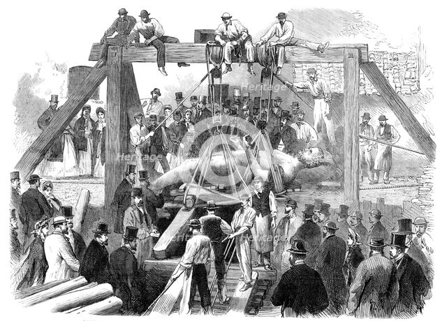 Raising the colossal bronze statue of Hercules found underground in the Campo dei Fiori, Rome, 1864. Creator: Unknown.