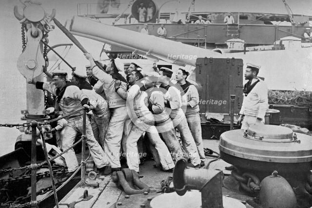 Raising the anchor on the forecastle of the battleship HMS 'Majestic', 1896Artist: Gregory & Co