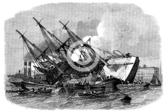 Raising the iron ship Ganges, sunk in the Thames off Shadwell, 1862. Creator: Unknown.
